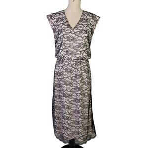 Vintage 90s Black Lace Overlay Dress Pink Slip Sheer Goth Romantic Midi